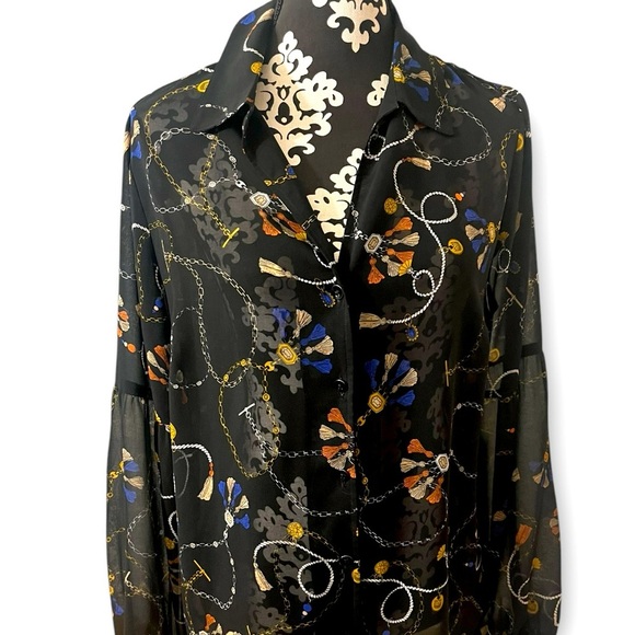 Cabi Womens Victoria Button Up Blouse Size L Sheer Chain Pearl Tassel Print - Picture 1 of 5